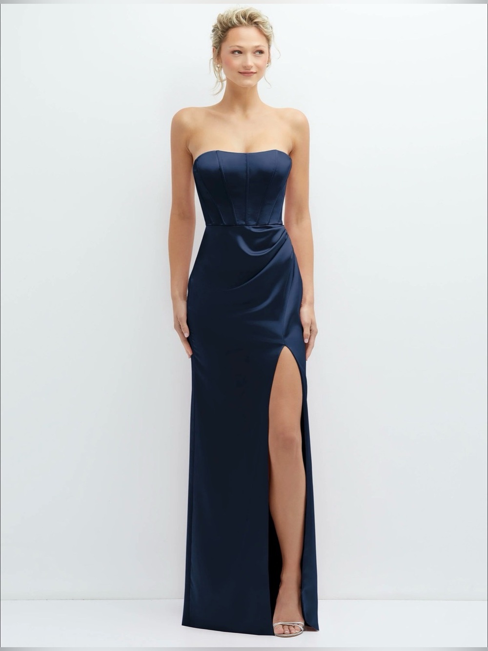 AFTER SIX Marina Corset Gown Size 6 Midnight Navy Satin Dress Ruched Slit Formal